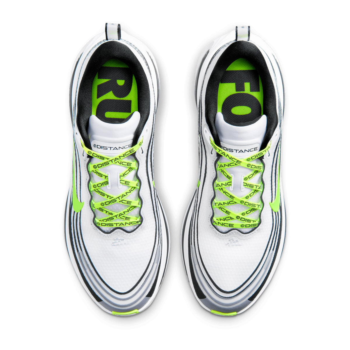 Top view of the Nike x DISTANCE Men’s Vomero Plus Running Shoes in White, Black, Volt, and Metallic Silver, featuring neon green (volt) laces with “DISTANCE” text and bold black “RUN” and “FOR” printed on the black insoles. Engineered for maximal cushioning, these shoes utilize ZoomX cushioning to provide exceptional comfort and performance.