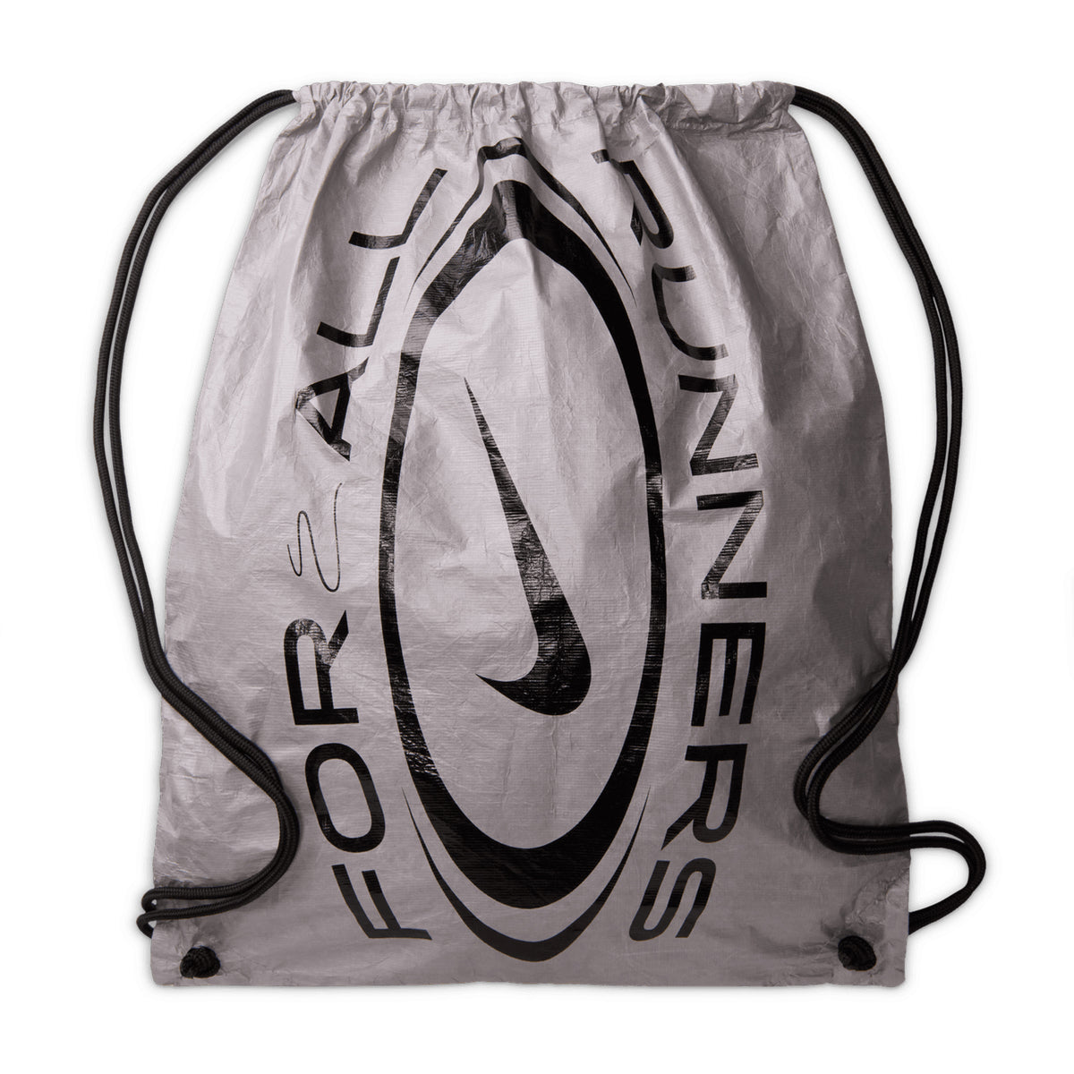 Gray drawstring backpack with black cords, featuring a large black Nike swoosh logo in the center and the words FOR ALL RUNNERS encircling the logo. Taking inspiration from performance icons like the Nike x DISTANCE Men’s Vomero Plus Running Shoes in White, Black, Volt, and Metallic Silver—renowned for their ZoomX cushioning and maximal comfort—this bag makes a sleek statement when laid flat on a white background.