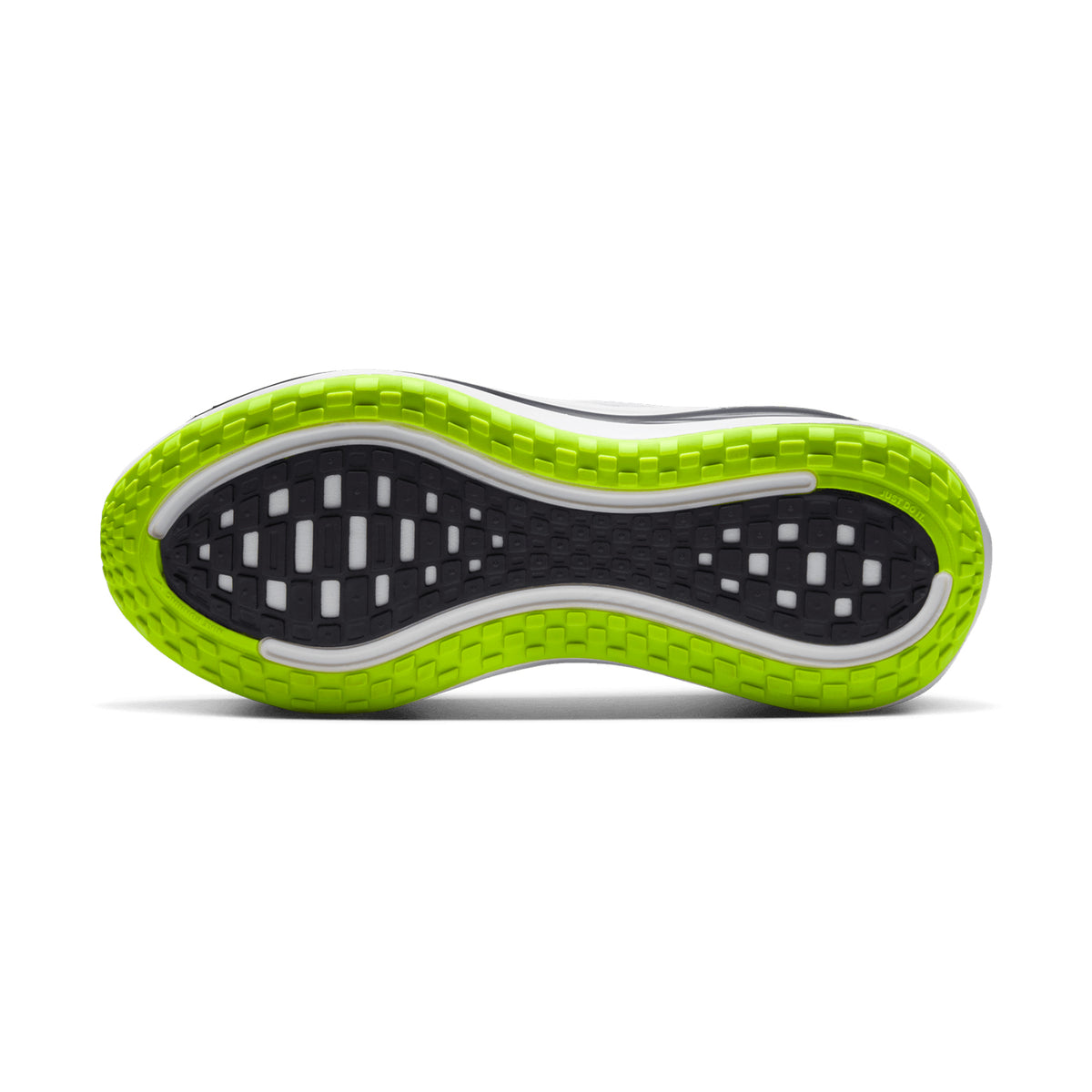 The image displays the sole of the Nike x DISTANCE Men’s Vomero Plus Running Shoes in White, Black, Volt, and Metallic Silver. It features a black tread pattern with white accents and a vibrant Volt green outer edge. The wavy, grid-like design enhances traction, while ZoomX cushioning provides maximum comfort—showcasing innovative technology inspired by the Nike Vomero Plus line.