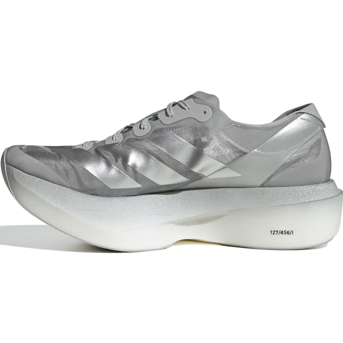 Silver metallic Adidas x Satisfy Men’s Adizero Pro Evo 2 Running Shoes with a thick, lightweight-looking white midsole featuring the text 127/456/1 near the heel.