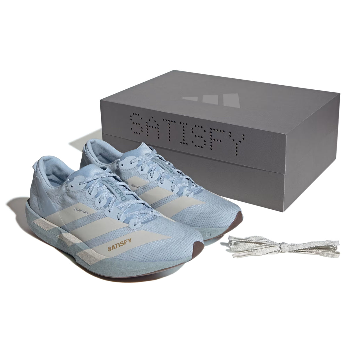 Light blue Adidas x Satisfy Men’s Adizero Adios Running Shoes Wonder Blue / Pearl Met with white side stripes, a matching shoe box, and spare white laces.