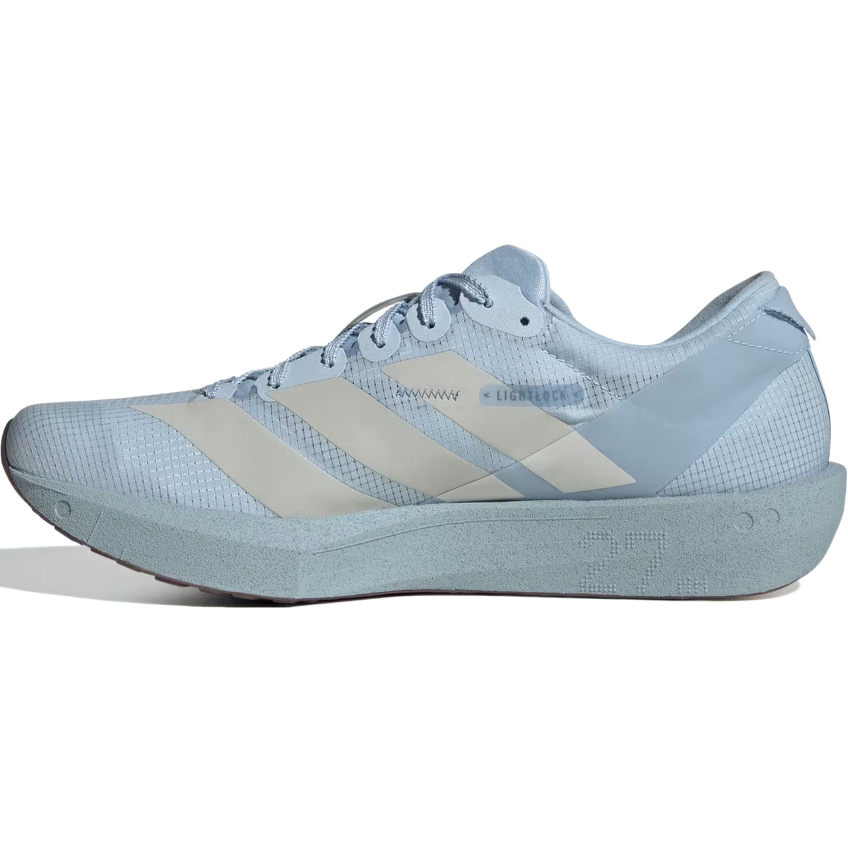 Light blue x Satisfy Men’s Adizero Adios Running Shoes Wonder Blue / Pearl Met with a thick, textured midsole featuring LightstrikePro cushioning and three stripes on the side.