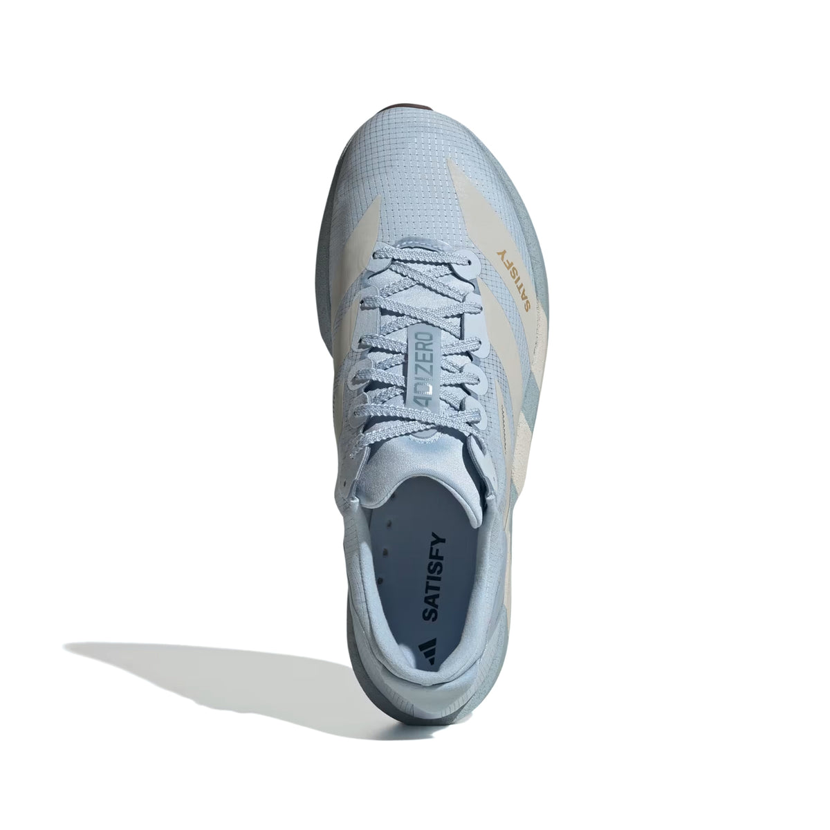 Top-down view of a light blue x Satisfy Men’s Adizero Adios Running Shoes Wonder Blue / Pearl Met with matching laces and branding on the tongue, side, and insole.