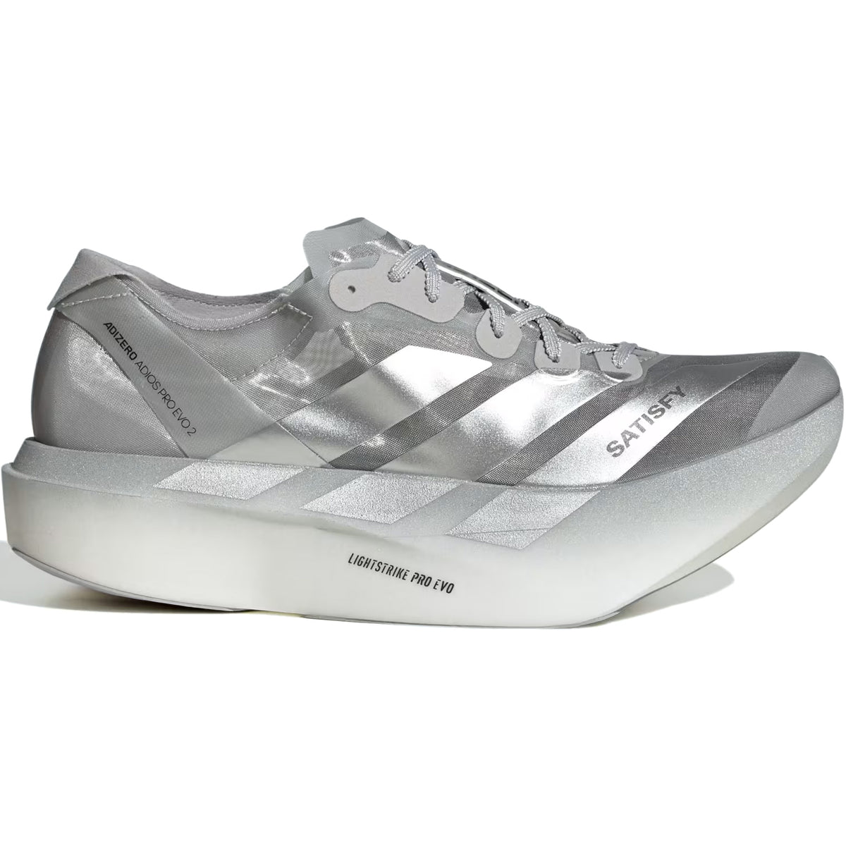 Adidas x Satisfy Men’s Adizero Pro Evo 2 Running Shoes in silver metallic and grey, featuring a thick white LightstrikePro foam sole and a translucent mesh upper.