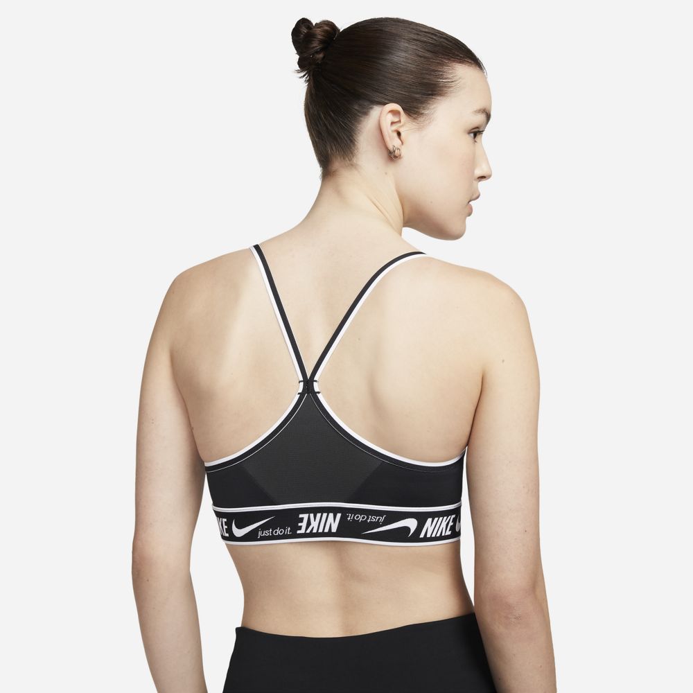 Nike Women's Dri-FIT Indy Logo Sports Bra Black / Black / White - achilles heel
