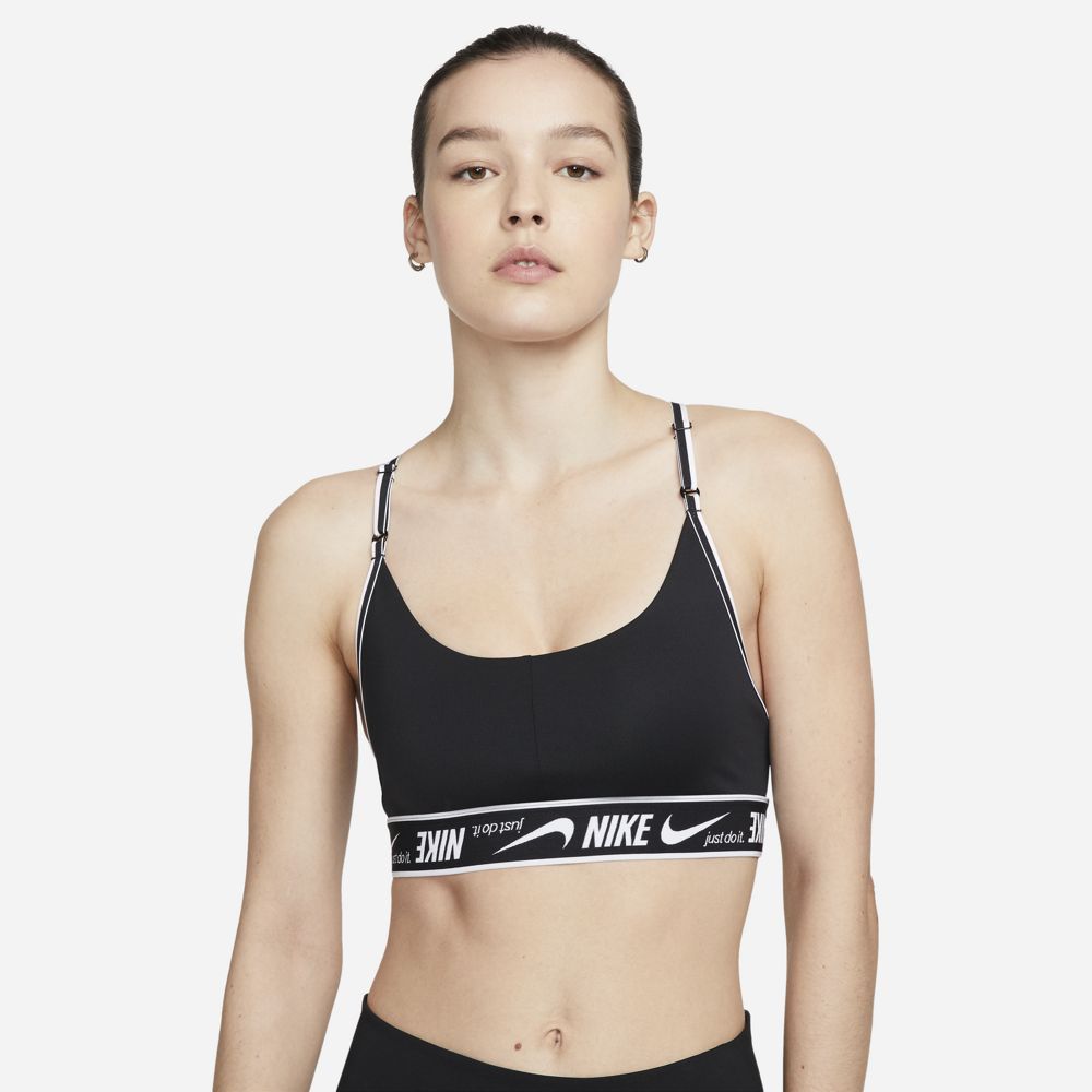 Nike Women's Dri-FIT Indy Logo Sports Bra Black / Black / White - achilles heel