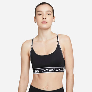 Nike Women's Dri-FIT Indy Logo Sports Bra Black / Black / White - achilles heel