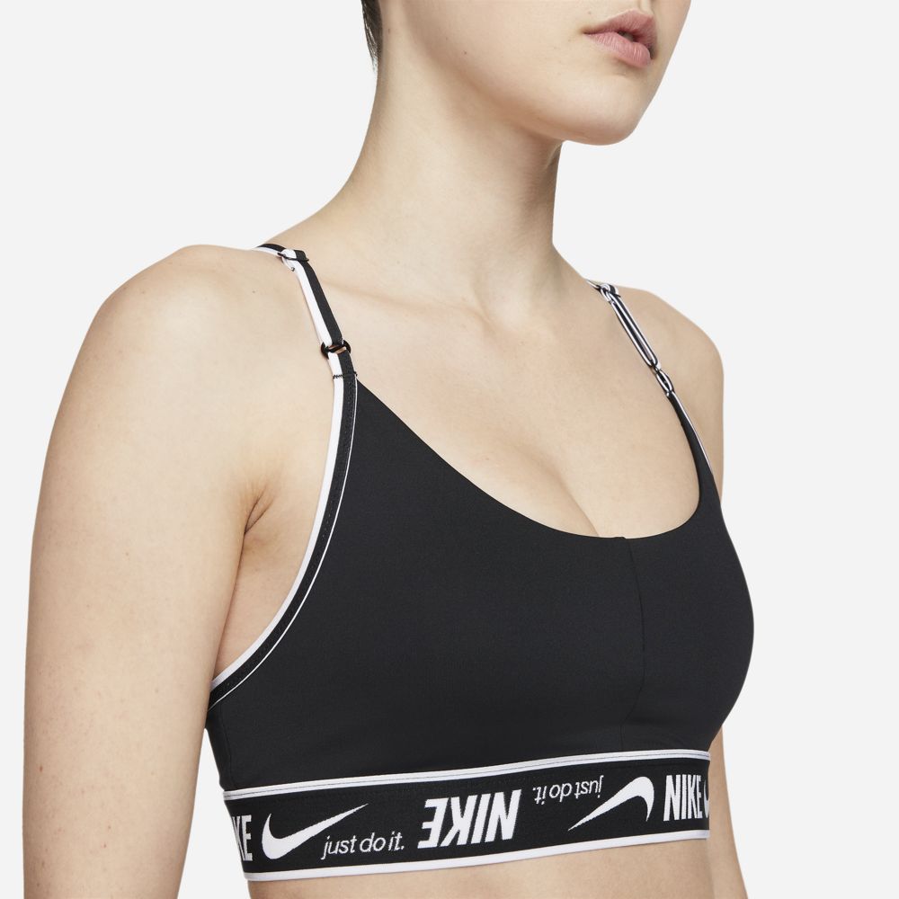 Nike Women's Dri-FIT Indy Logo Sports Bra Black / Black / White - achilles heel