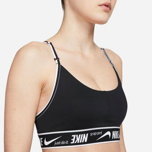 Nike Women's Dri-FIT Indy Logo Sports Bra Black / Black / White - achilles heel