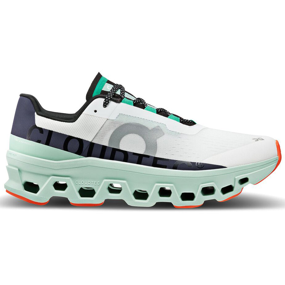 On Men's Cloudmonster Running Shoes Undyed-White / Creek - achilles heel