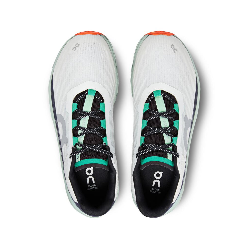 On Men's Cloudmonster Running Shoes Undyed-White / Creek - achilles heel