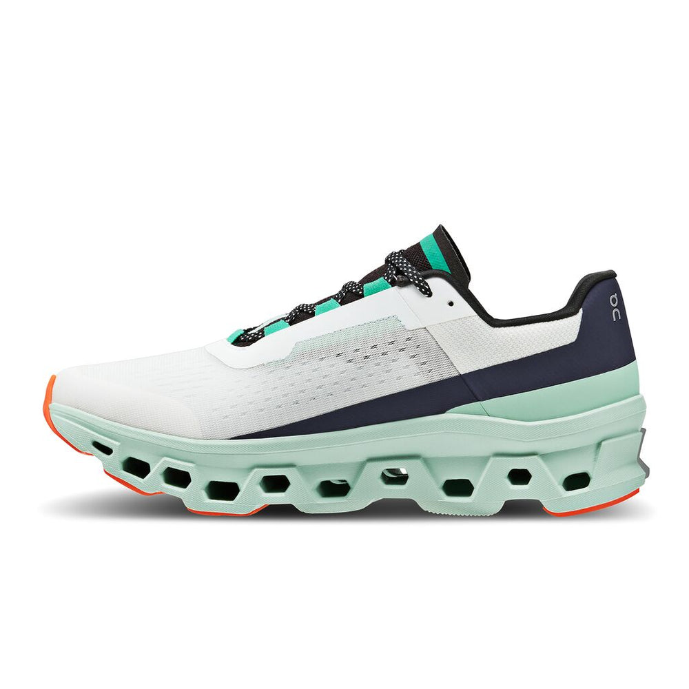 On Men's Cloudmonster Running Shoes Undyed-White / Creek - achilles heel
