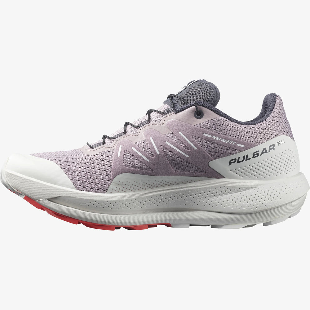 Salomon Women's Pulsar Trail Running Shoes Quail / Lunar Rock / Poppy Red - achilles heel