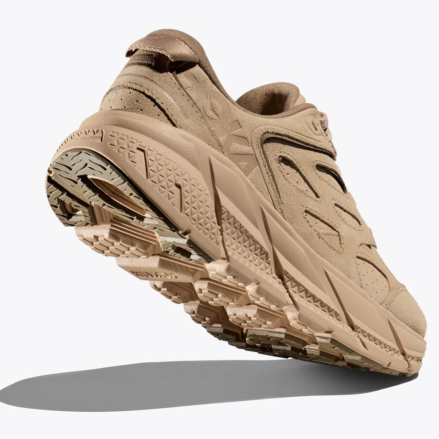 Hoka Clifton L Suede Shoes Shifting Sand / Dune - achilles heel